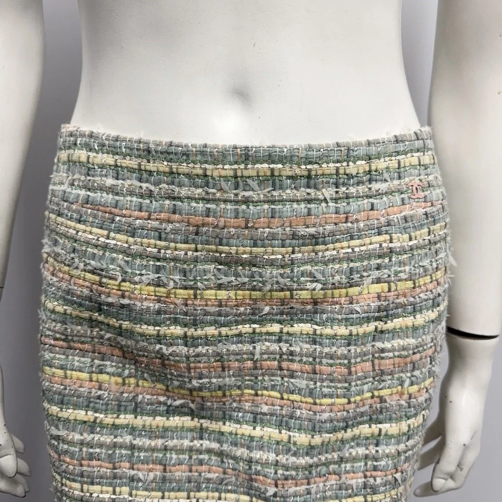 Chanel Pastel Multi Colored Silk Blend Tweed Skirt 05P Pink Trim Frayed Edges 44